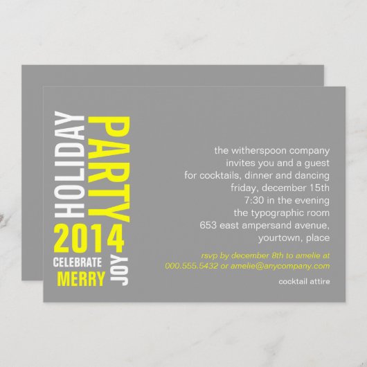 グレーイエロータイポグラフィホリデーパーティー 招待状 (正面/裏面)