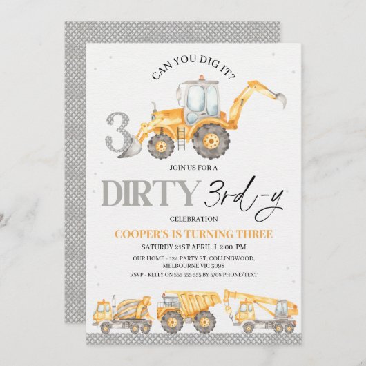 グレーイエロー建築ダーティ3rd-y 3rd誕生日 招待状 (正面/裏面)