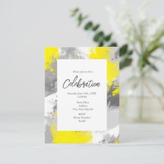 グレーイエロー抽象芸術ブラシストローク招待状 招待状 (スタンド正面)