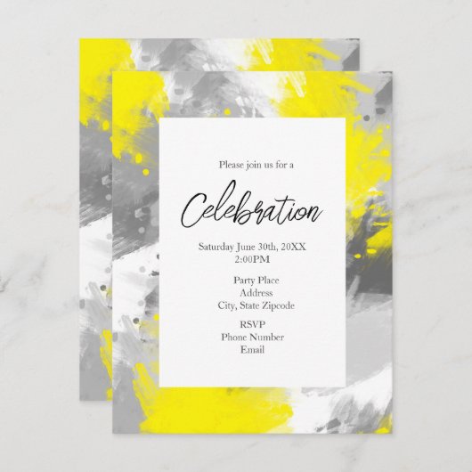 グレーイエロー抽象芸術ブラシストローク招待状 招待状 (正面/裏面)