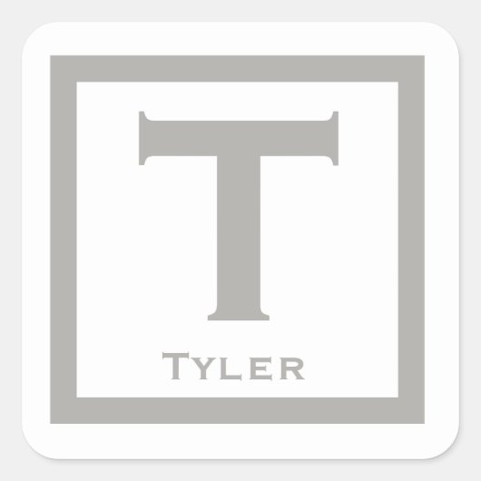 グレーイニシャル名キッズボーイパーティー新学期 スクエアシール (正面)