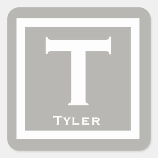 グレーイニシャル名キッズボーイパーティー新学期 スクエアシール (正面)