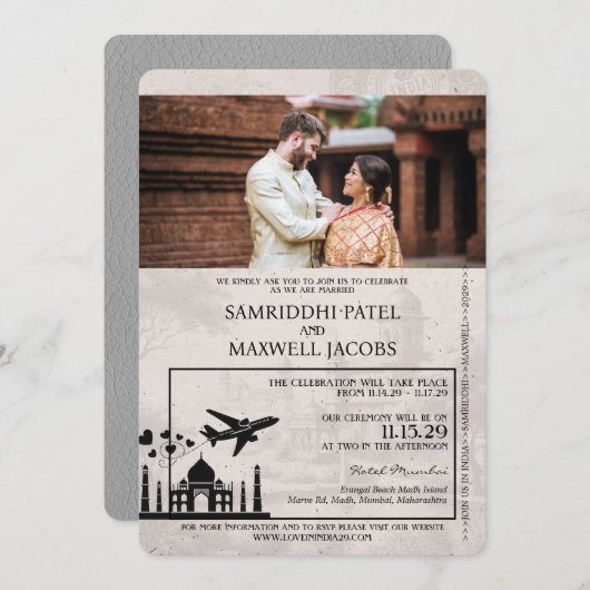グレーインディアパスポート結婚式招待状 招待状 (正面/裏面)