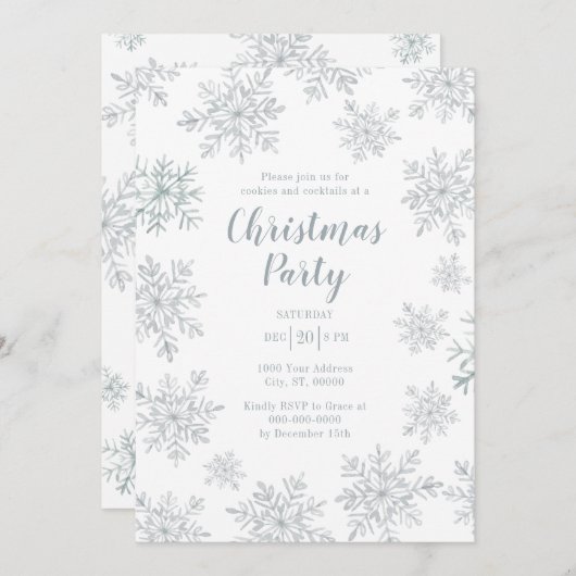 グレーウィンタースノーフレーククリスマスホリデーパーティー 招待状 (正面/裏面)