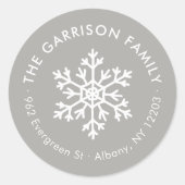 グレーウィンタースノーフレークサークル差出人住所ラベル ラウンドシール (正面)