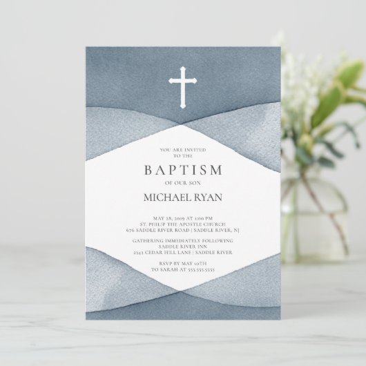 グレーウォーターの色の男の子バプテスマ 招待状 (スタンド正面)