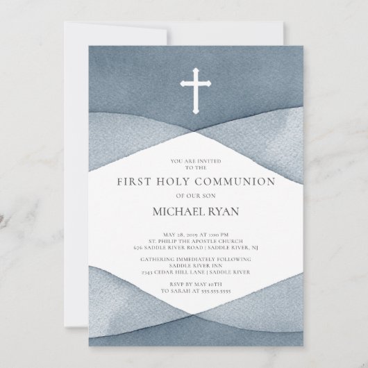 グレーウォーターの色の男の子最初の聖餐式 招待状 (正面)