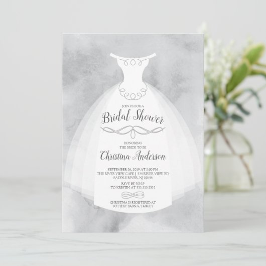 グレーウォーターカラーブライドガウンブライダルシャワー 招待状 (スタンド正面)