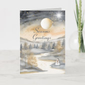 グレーウォーターカラーマウンテンリバー雪だるまクリスマス カード (正面)