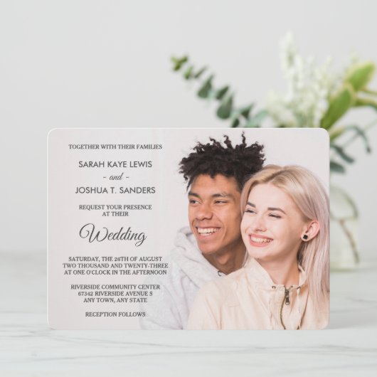 グレーウッドバックライトサイドフォト結婚式招待状 招待状 (スタンド正面)