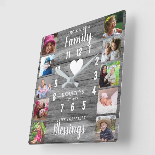 グレーウッドファミリー引用文10スクエアフォトコラージュ スクエア壁時計 (傾斜)