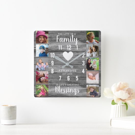 グレーウッドファミリー引用文10スクエアフォトコラージュ スクエア壁時計 (ホーム)