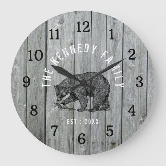 グレーウッドブラックベアーキャビンハウスファミリー名 ラージ壁時計 (正面)
