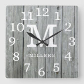 グレーウッド大数家族の名前モノグラム スクエア壁時計 (正面)