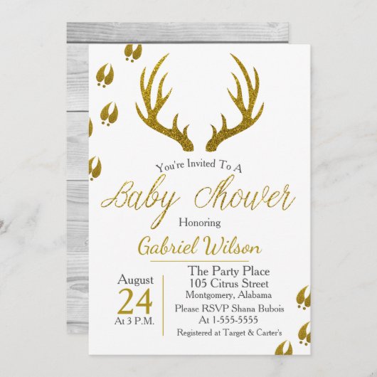 グレーウッ素朴ド金ゴールド〔雄ジカの〕枝角ベビーシャワー 招待状 (正面/裏面)