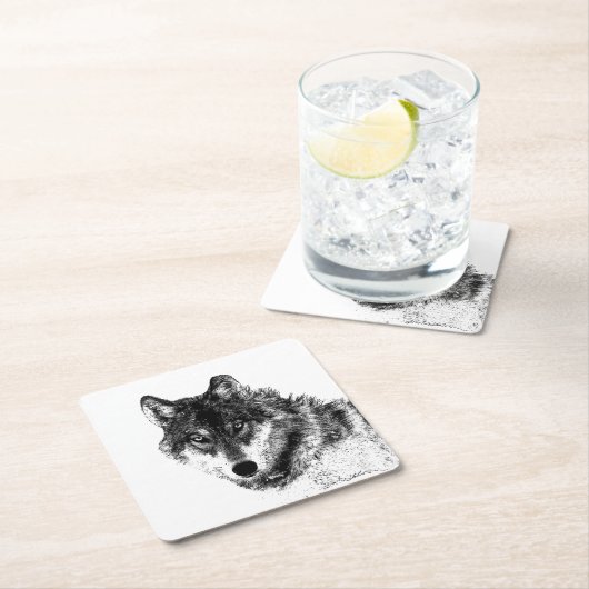 グレーウルフスケッチアートワーク スクエアペーパーコースター (インサイチュ)