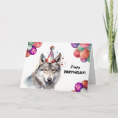 グレーウルフバルーンとパーティーハットワイルド誕生日 カード (正面)
