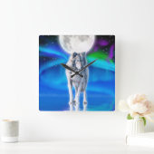 グレーウルフ&オーロラムーンワイルドライフアートクロック スクエア壁時計 (ホーム)