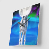 グレーウルフ&オーロラムーンワイルドライフアートクロック スクエア壁時計 (傾斜)