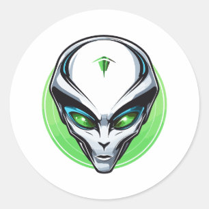 グレーエイリアンポートレートヘッドグリーンバックグラウンドUFO ラウンドシール