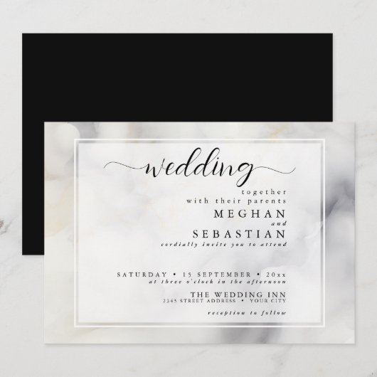 グレーエレガントおよび淡い色の金ゴールドのソフトクラウド 招待状 (正面/裏面)