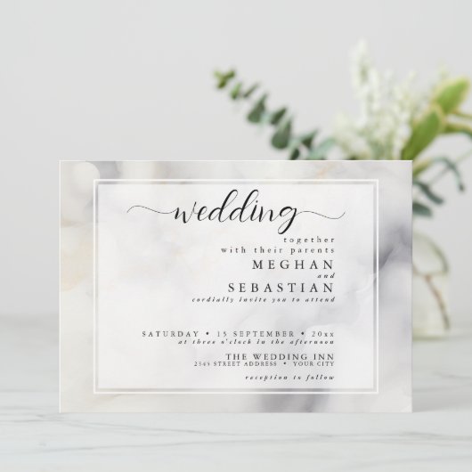 グレーエレガントおよび淡い色の金ゴールドのソフトクラウド 招待状 (スタンド正面)