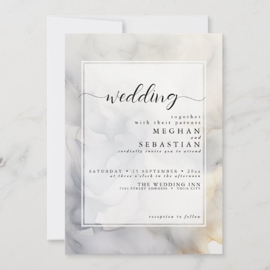 グレーエレガントおよび淡い色の金ゴールドソフトクラウド 招待状 (正面)