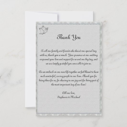 グレーエレガントとシルバーの結婚鐘が感謝する サンキューカード (正面)