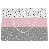 グレーエレガントとピンクのジオメトリ三角形とドット ラージペーパーバッグ (正面)