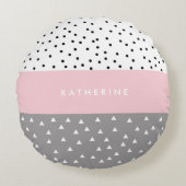 グレーエレガントとピンクの幾何学的な三角形とドット ラウンドクッション (正面)