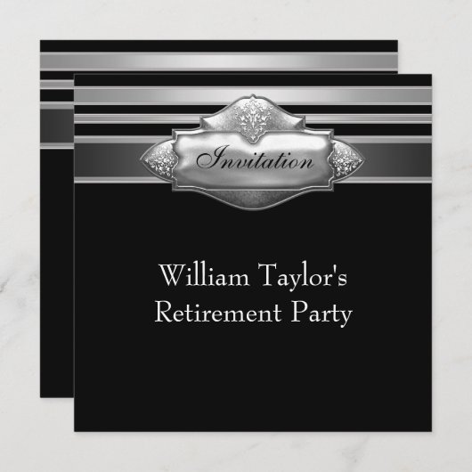 グレーエレガントとブラックマンズの退職パーティー 招待状 (正面/裏面)