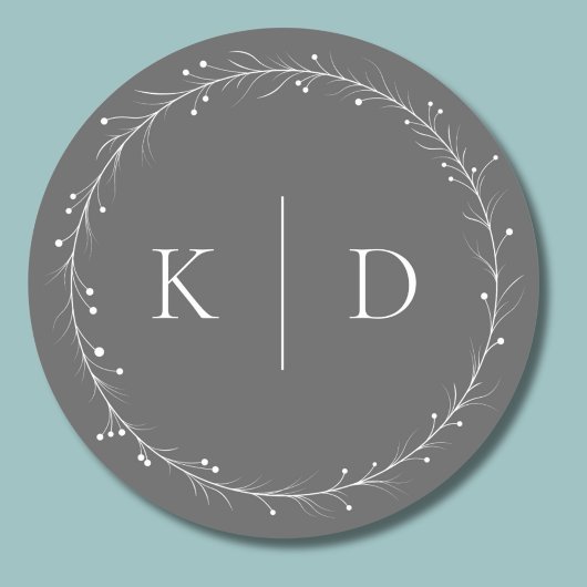 グレーエレガントとホワイトつる植物リースモノグラム ラウンドシール