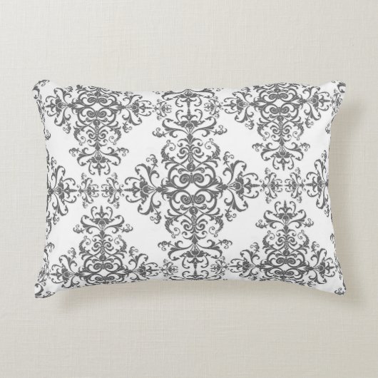 グレーエレガントとホワイトのフローラヴィンテージスタイルダマスク アクセントクッション (正面)