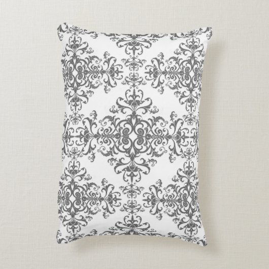 グレーエレガントとホワイトのフローラヴィンテージスタイルダマスク アクセントクッション (裏面(縦))