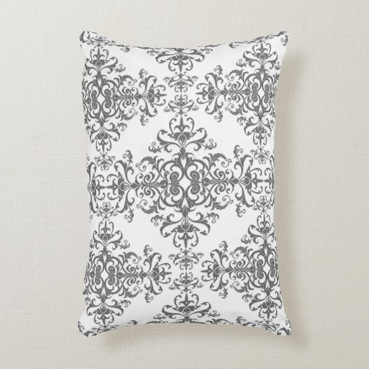 グレーエレガントとホワイトのフローラヴィンテージスタイルダマスク アクセントクッション (正面(垂直))