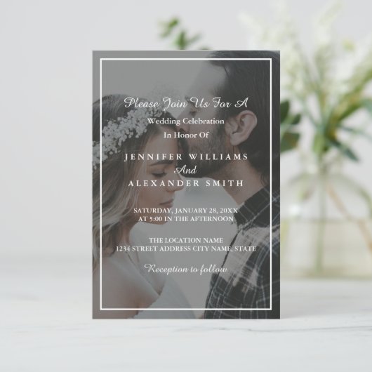 グレーエレガントと白のフォト結婚式招待状 招待状 (スタンド正面)