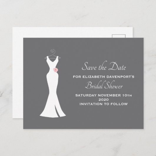 グレーエレガントの白いガウン – スタイリッシュ日付を保存 インビテーションポストカード (正面/裏面)