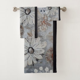 グレーエレガントの白フローラ バスタオルセット