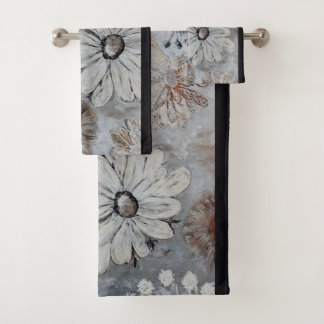 グレーエレガントの白フローラ バスタオルセット