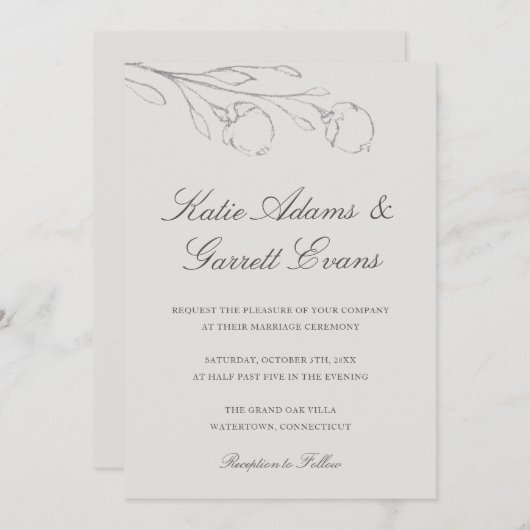 グレーエレガントの鉛筆のスケッチの結婚花 招待状 (正面/裏面)