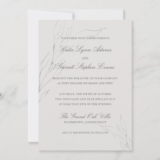 グレーエレガントの鉛筆スケ葉ッチ結婚 招待状 (正面)