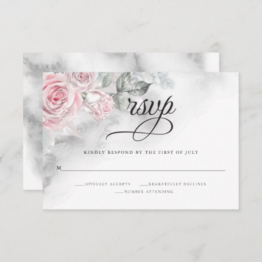 グレーエレガントウォーター色ピンクローズベアフットブライド™ 出欠カード (正面/裏面)