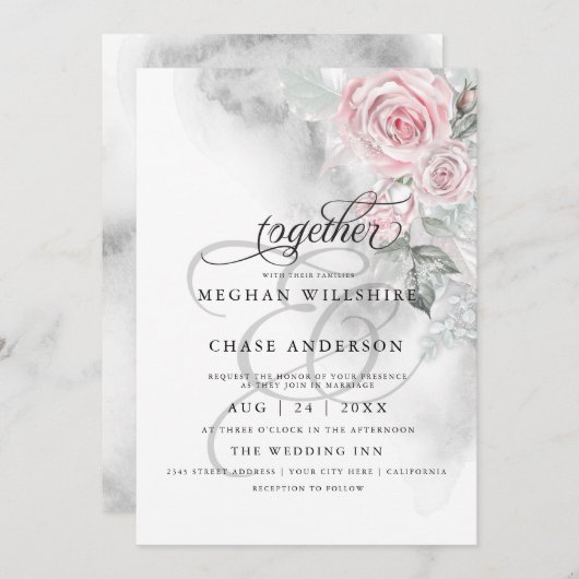 グレーエレガントウォーター色ピンクローズベアフットブライド™ 招待状 (正面/裏面)