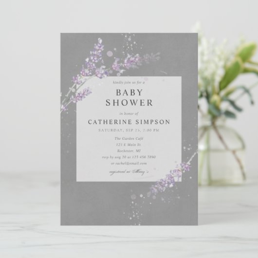 グレーエレガントウォーター色ラベンダーの赤ちゃんシャワー 招待状 (スタンド正面)