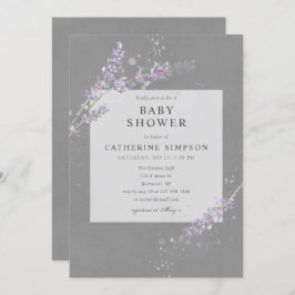 グレーエレガントウォーター色ラベンダーの赤ちゃんシャワー 招待状