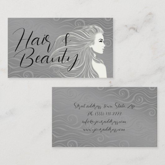 グレーエレガントカーブヘア&美しいサロンカード 名刺 (正面/裏面)