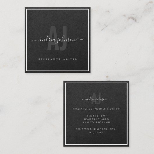 グレーエレガントクラフト紙フリーランス作家モノグラム スクエア名刺 (正面/裏面)