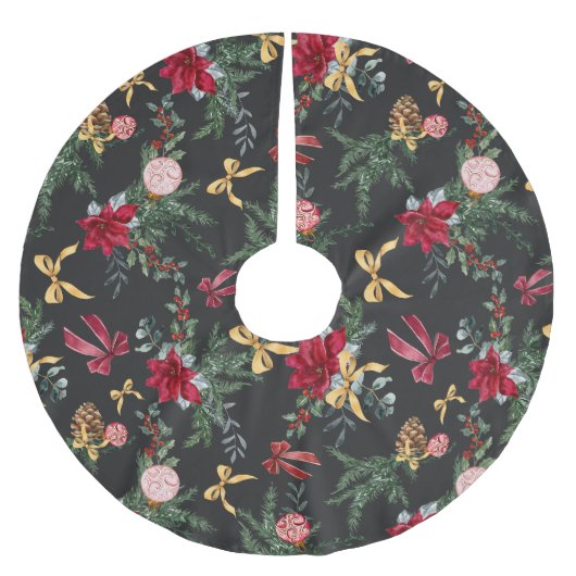 グレーエレガントクリスマス植物緑のパターン ブラッシュドポリエステルツリースカート (正面)