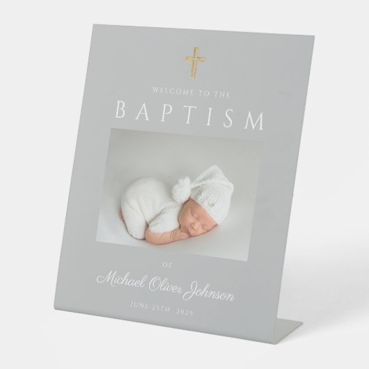 グレーエレガントクロスフォトボーイバプテスマ歓迎 台座サイン (正面)