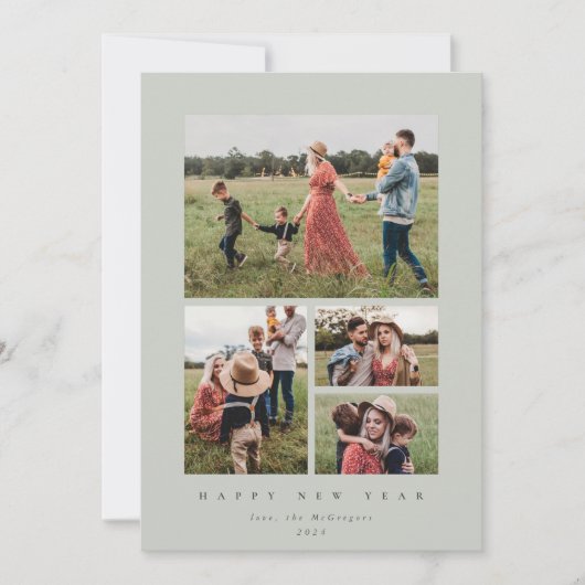 グレーエレガントグリーンフレーム4フォトハッピー新年 シーズンカード (正面)